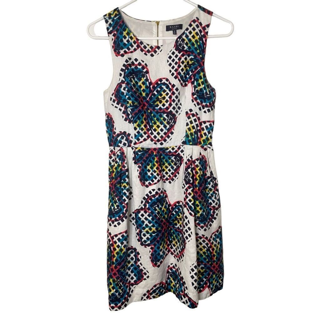 Kaari Blue Floral‎ Geo 100% Linen dress, Size 4